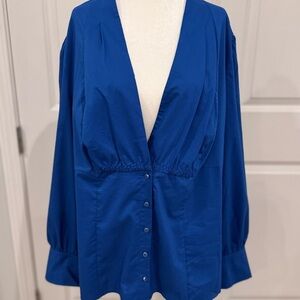 Plus Size Blue Deep V Snap Front Blouse Dressy Chic Romantic Balloon Sleeves 2XL